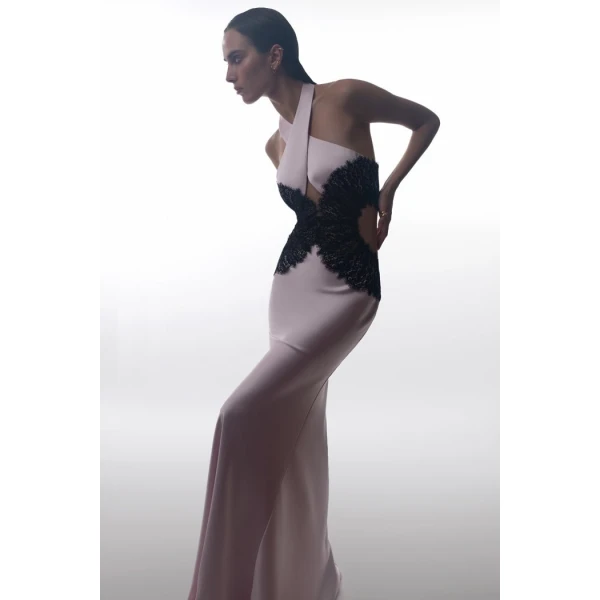 halterneck satin and lace maxi dress with cutouts