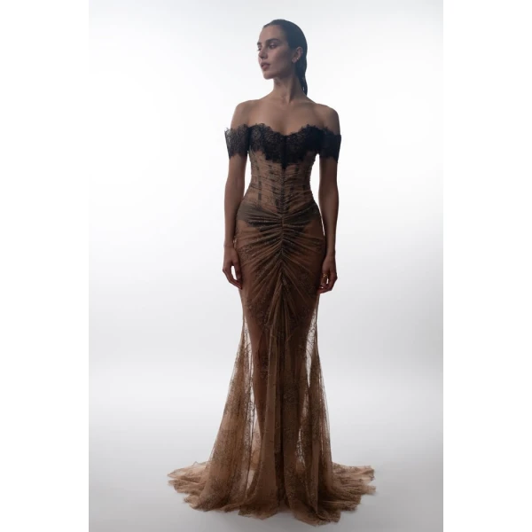 off-the-shoulder corset lace gown