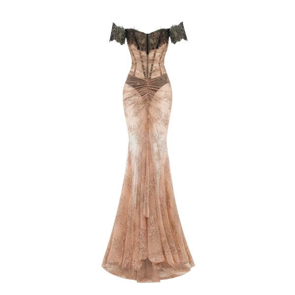 Rasario Off-the-shoulder corset lace gown in Beige and Black