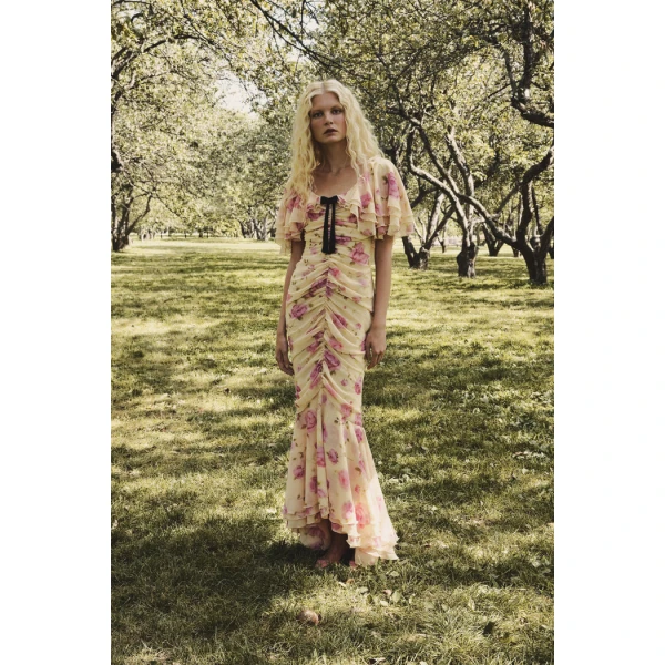 printed chiffon maxi dress with a velvet bow