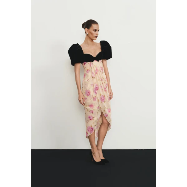 printed chiffon midi dress with puff sleeves