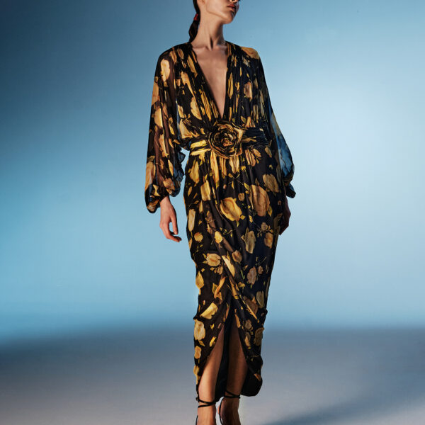 printed silk chiffon draped midi dress