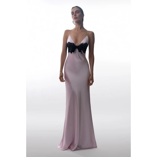 satin and lace maxi dress with a bow