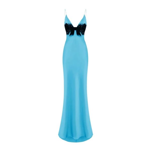 Rasario Satin and lace maxi dress with a bow in Turquoise and Black