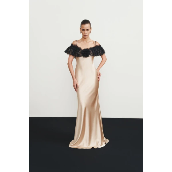 satin and lace maxi dress with a flower