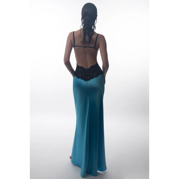 turquoise and black evening dress