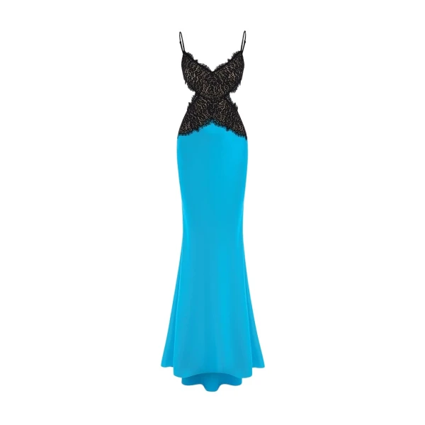 Rasario Satin and lace maxi dress with cutouts in Turquoise and Black