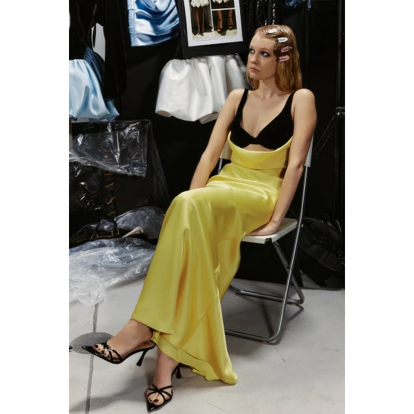 satin and velvet draped maxi dress