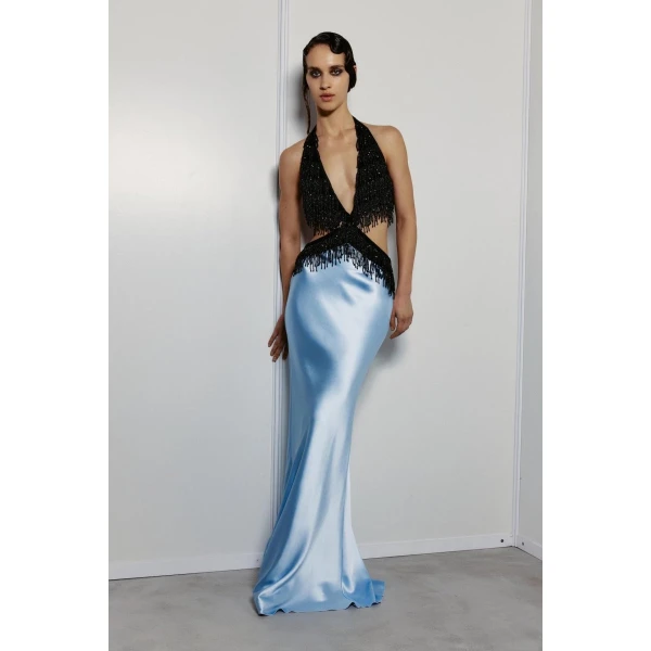 satin and velvet fringed maxi dress