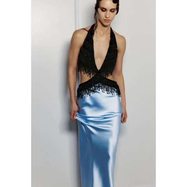black and light blue evening dress