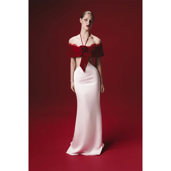 satin and velvet maxi dress with a flower