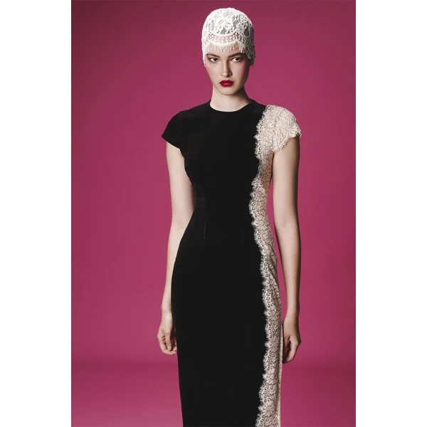 velvet and lace midi dress with a side slit