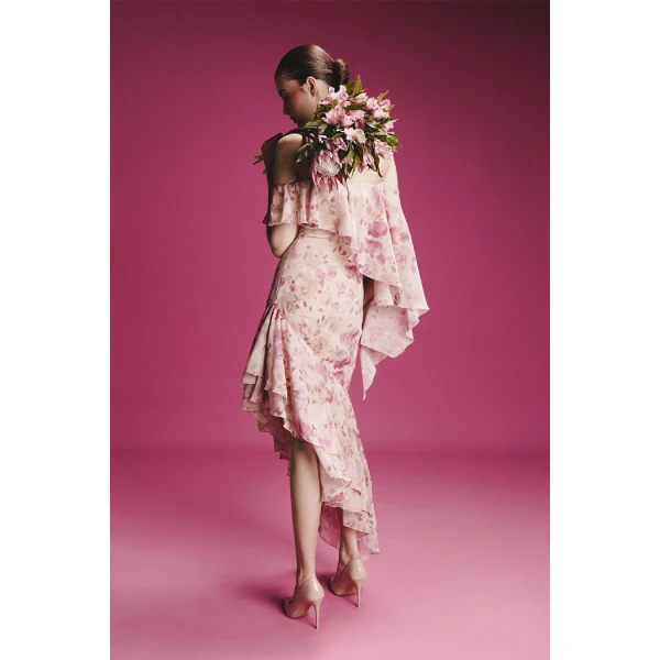 asymmetrical printed chiffon midi dress with flounces