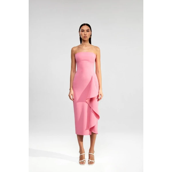 crepe midi dress with ruffle
