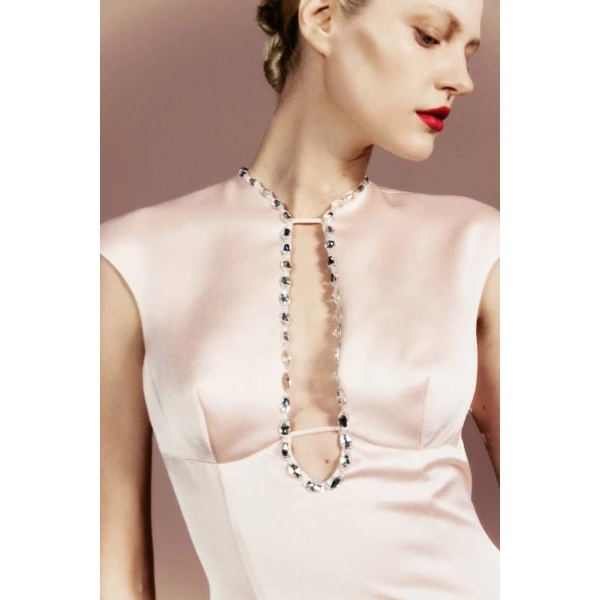 crystal-embellished satin midi dress with cutout