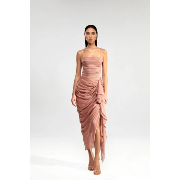 draped chiffon long midi dress with ruffle