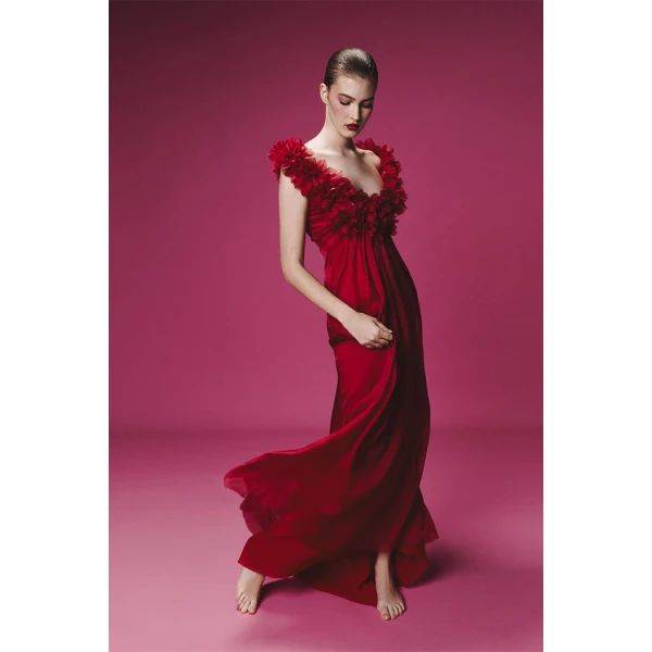 draped silk chiffon dress with flowers and train