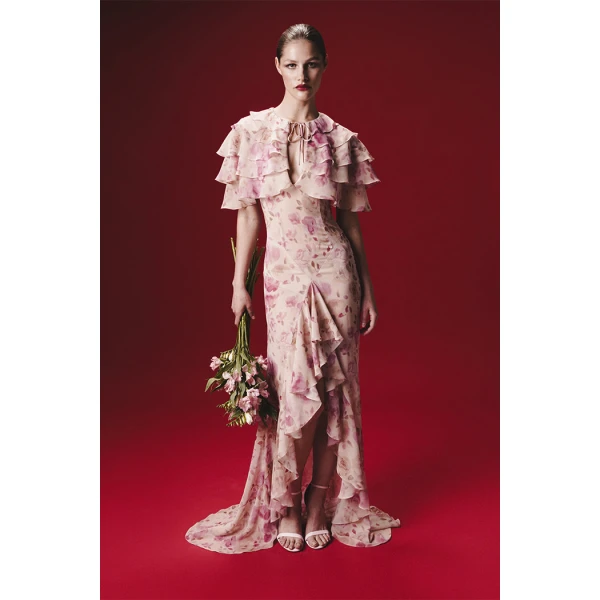 printed chiffon maxi dress with ruffles and flounces