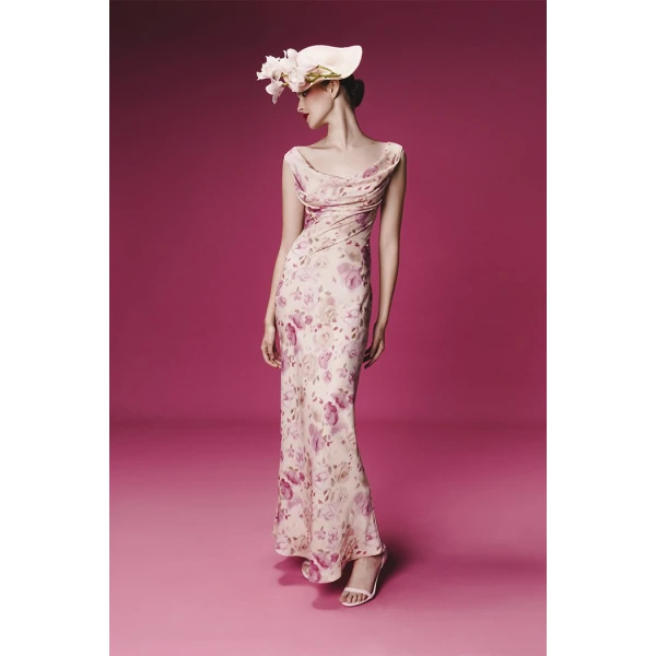 printed satin draped maxi dress