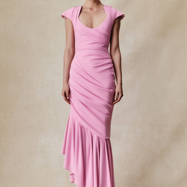 viscose crepe asymmetric maxi dress with draping