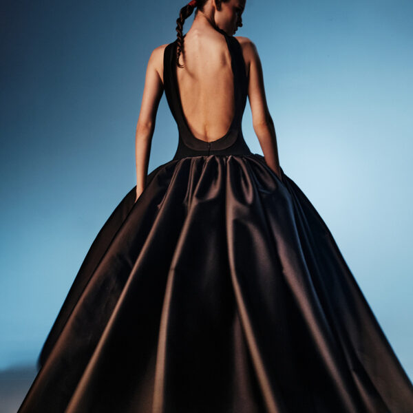 crepe and satin maxi dress with a voluminous skirt