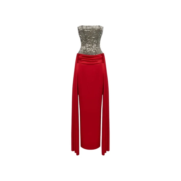 Rasario Crystal embellished corset satin dress with a train in Red