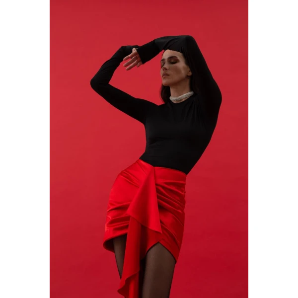 draped satin and biflex mini dress with a train