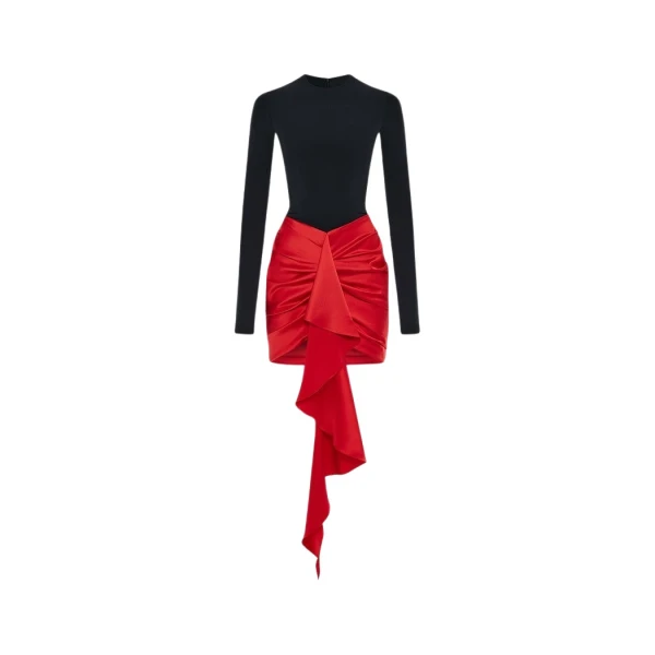 Rasario Draped satin and biflex mini dress with a train in Black-Red