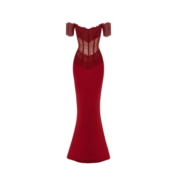 Rasario Lace and satin corset maxi dress in Burgundy