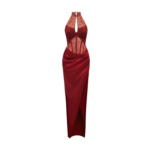 Rasario Lace and satin long midi dress in Burgundy
