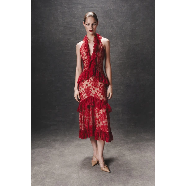 lace midi dress with ruffles