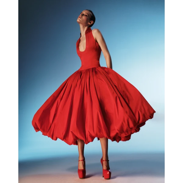 Rasario Satin midi dress with a voluminous taffeta skirt in Red, view 2