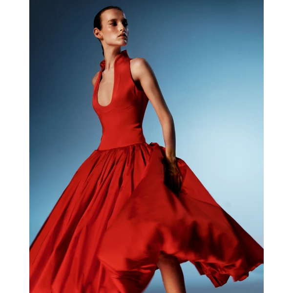 Rasario Satin midi dress with a voluminous taffeta skirt in Red, view 3