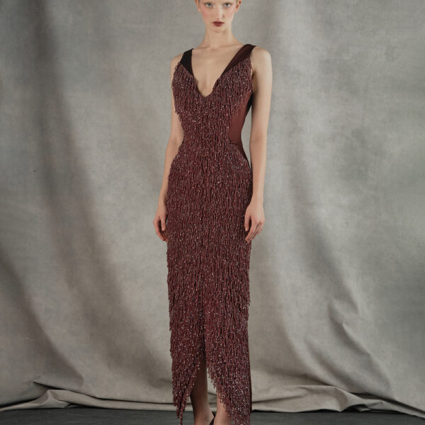 satin midi dress with fringe trim