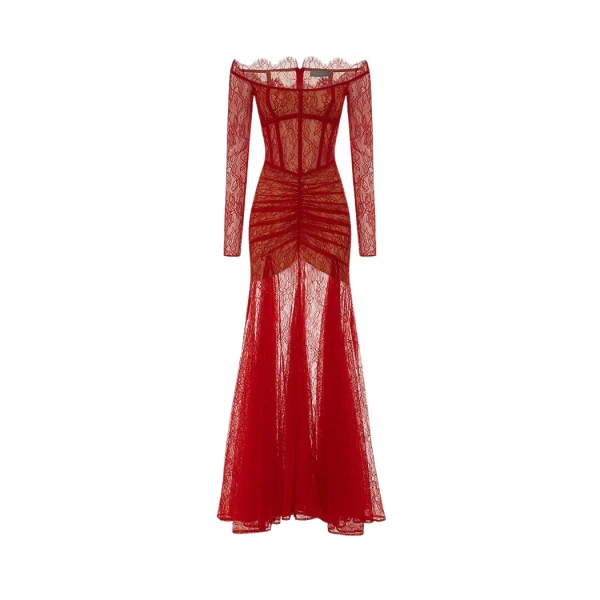 Rasario Сorset lace gown with a draped skirt in Red