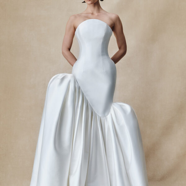 asymmetric structured satin corset maxi dress