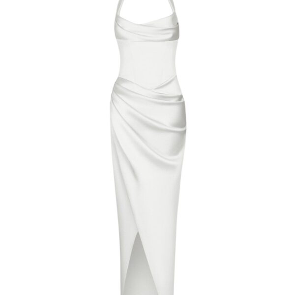 Draped satin gown with straps in White