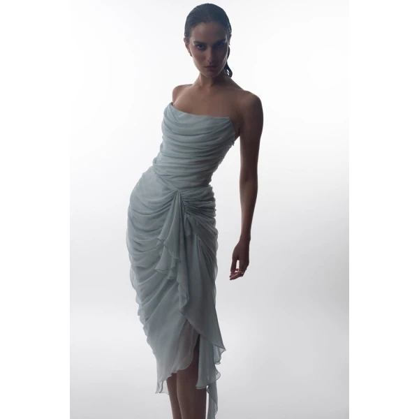 draped silk chiffon corset midi dress