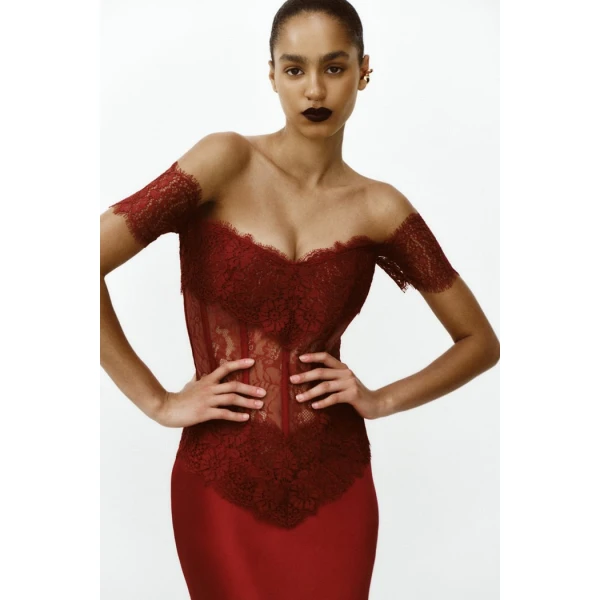 lace and satin corset maxi dress