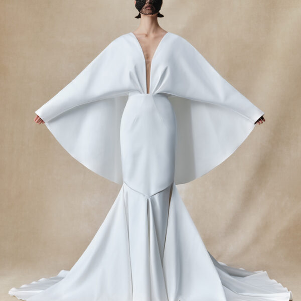 satin maxi dress with butterfly sleeves and train