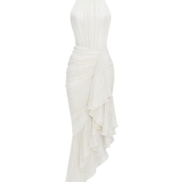silk chiffon and lurex maxi dress with asymmetric ruffles