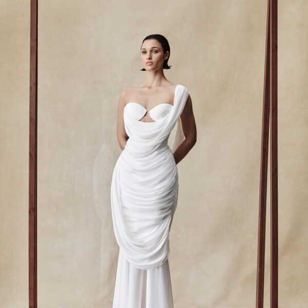 viscose and silk corset maxi dress with draping