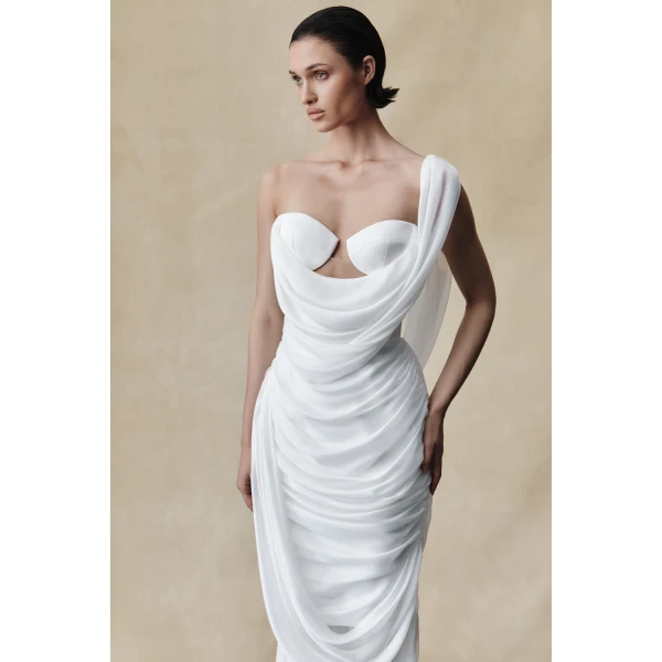 Rasario Viscose and silk corset maxi dress with draping in White, view 3