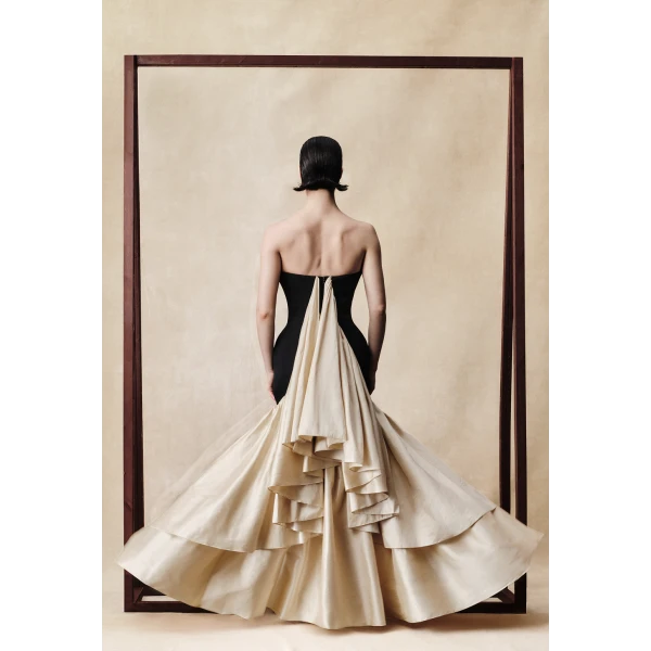 Rasario Viscose and silk corset maxi dress with ruffles in White, view 2