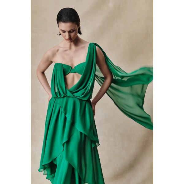 Rasario Chiffon asymmetric maxi dress with draping in Yellow, view 2