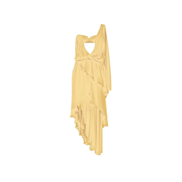 Rasario Chiffon asymmetric maxi dress with draping in Yellow