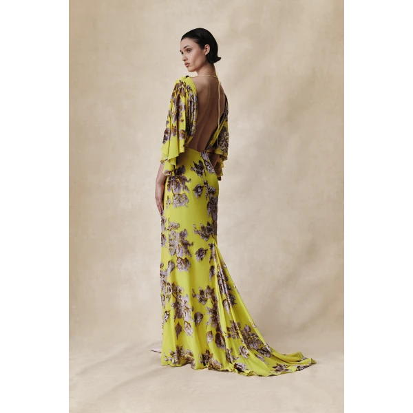 Rasario Devoré velvet maxi dress with cowl back and train in Yellow, view 3