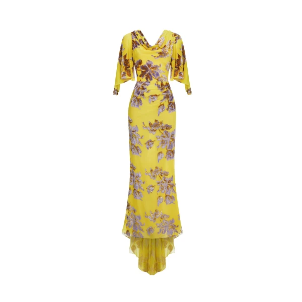 Rasario Devoré velvet maxi dress with cowl back and train in Yellow