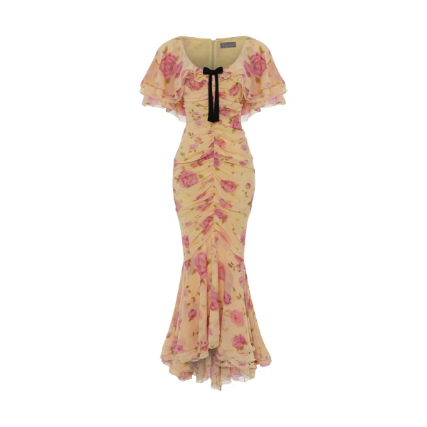 Rasario Printed chiffon maxi dress with a velvet bow in Yellow