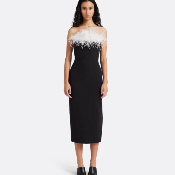 Safiyaa Aerine Midi Dress in Black with Feathers - Dresses - Demi-Couture Evening Wear at Coveti